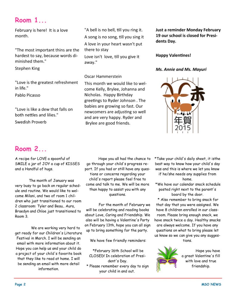 MSO February 2015 Newsletter. Room 1 and Room 2
