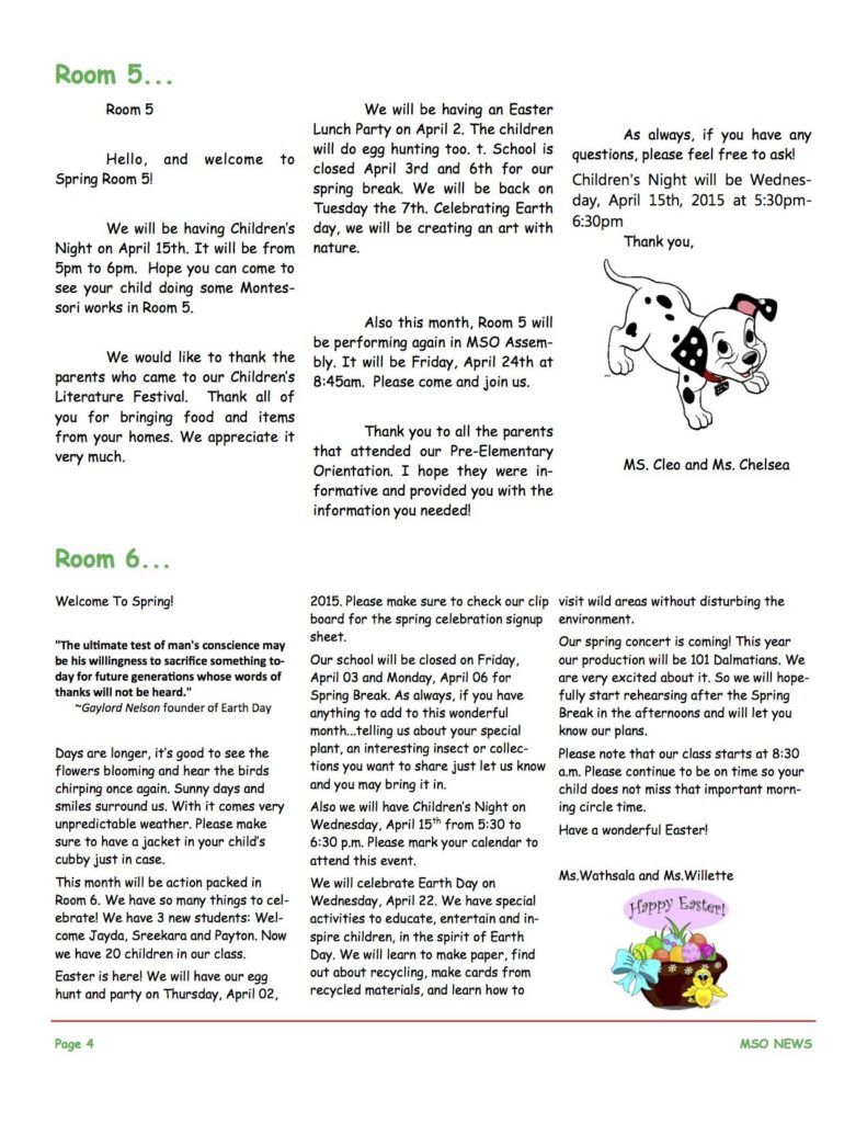 MSO April 2015 Newsletter. Room 5 and Room 6