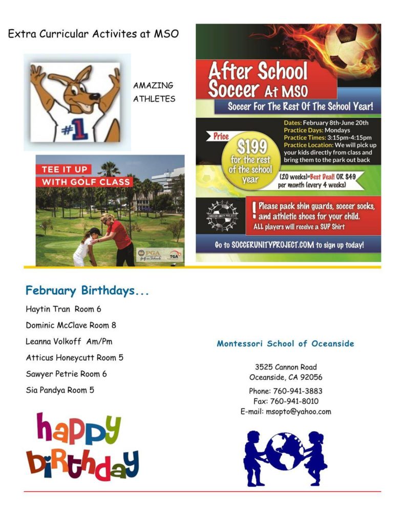 MSO February 2016 Newsletter. Extra Curricular Activities at MSO