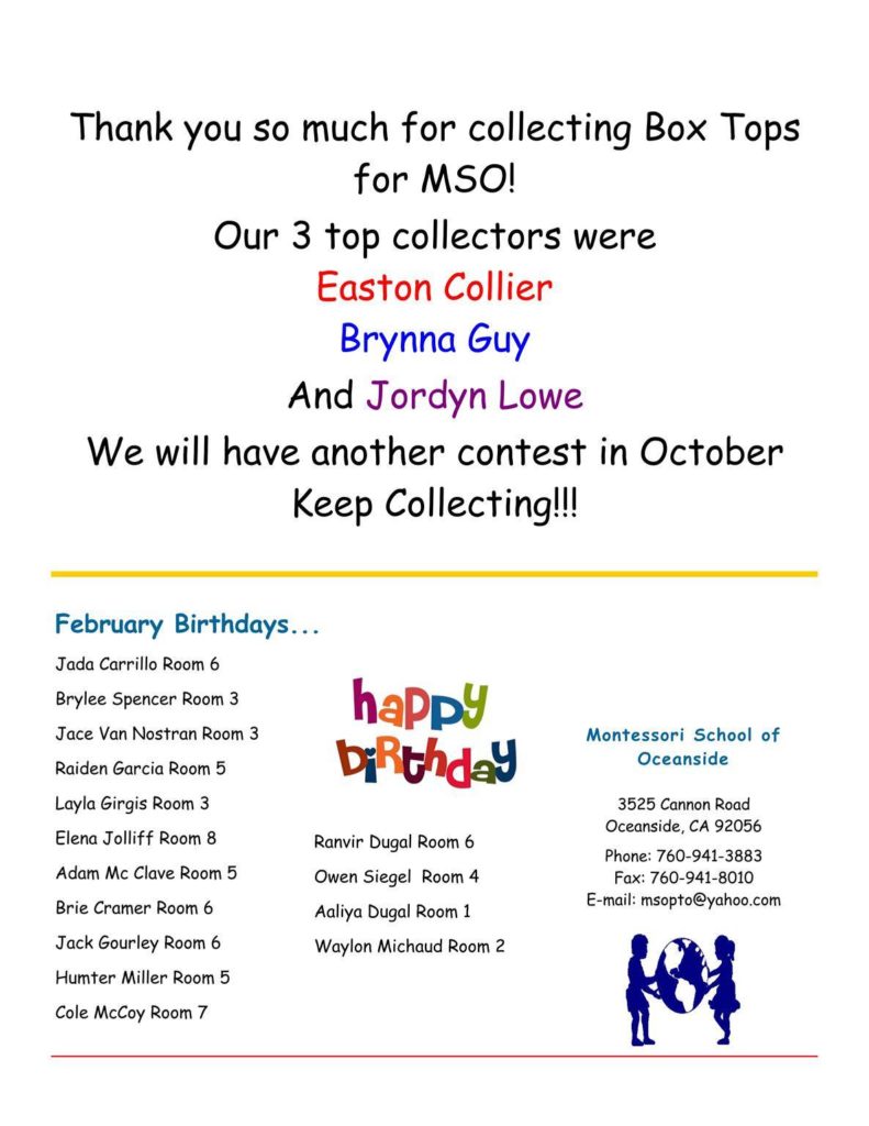MSO March 2016 Newsletter. Thank you very much for collecting Box Tops for MSO!