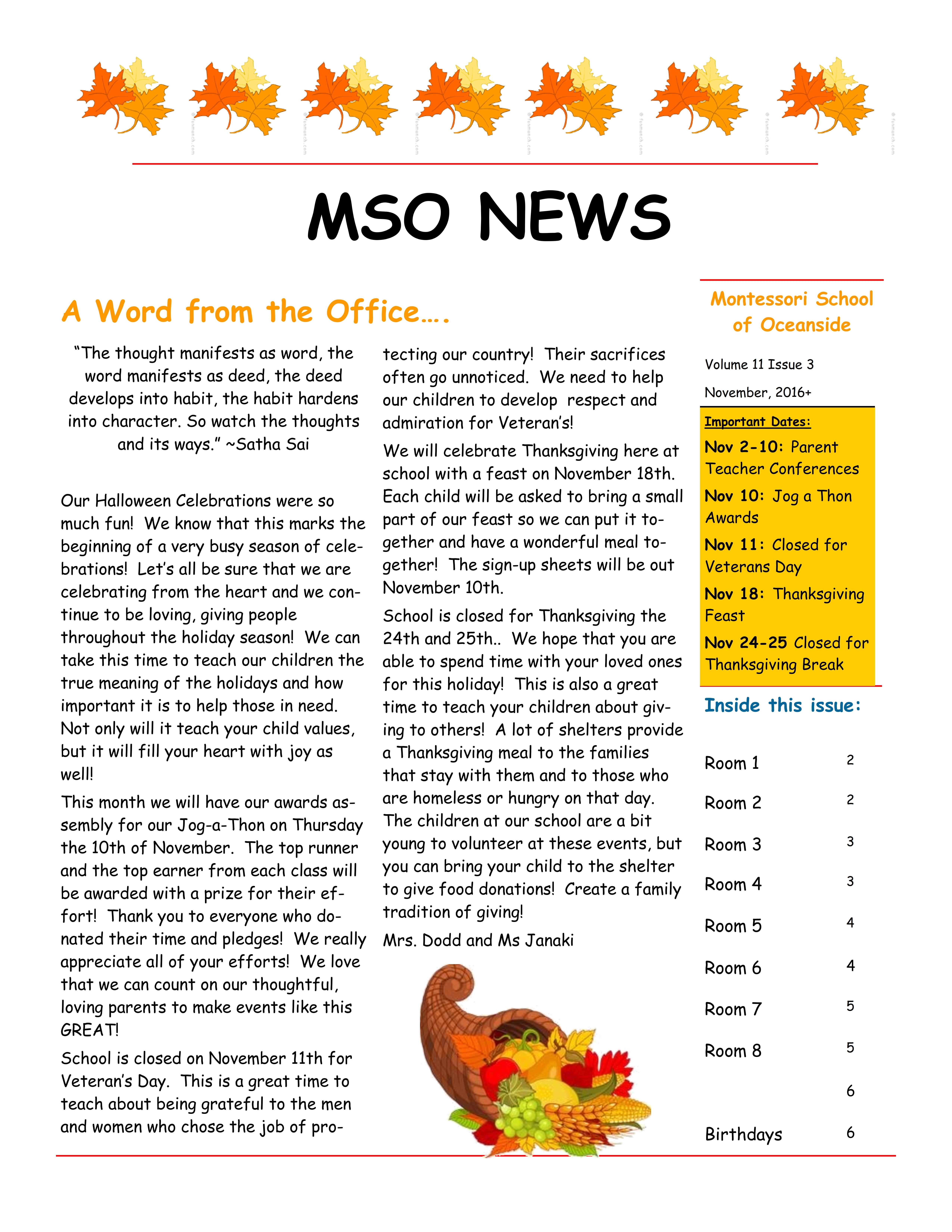MSO November 2016 Newsletter | Montessori School of Oceanside