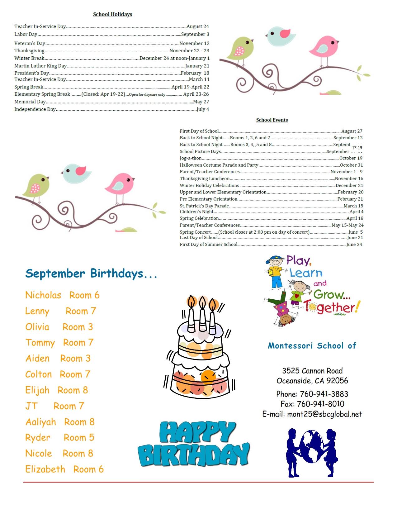 MSO September 2018 Newsletter. School Holidays and School Events