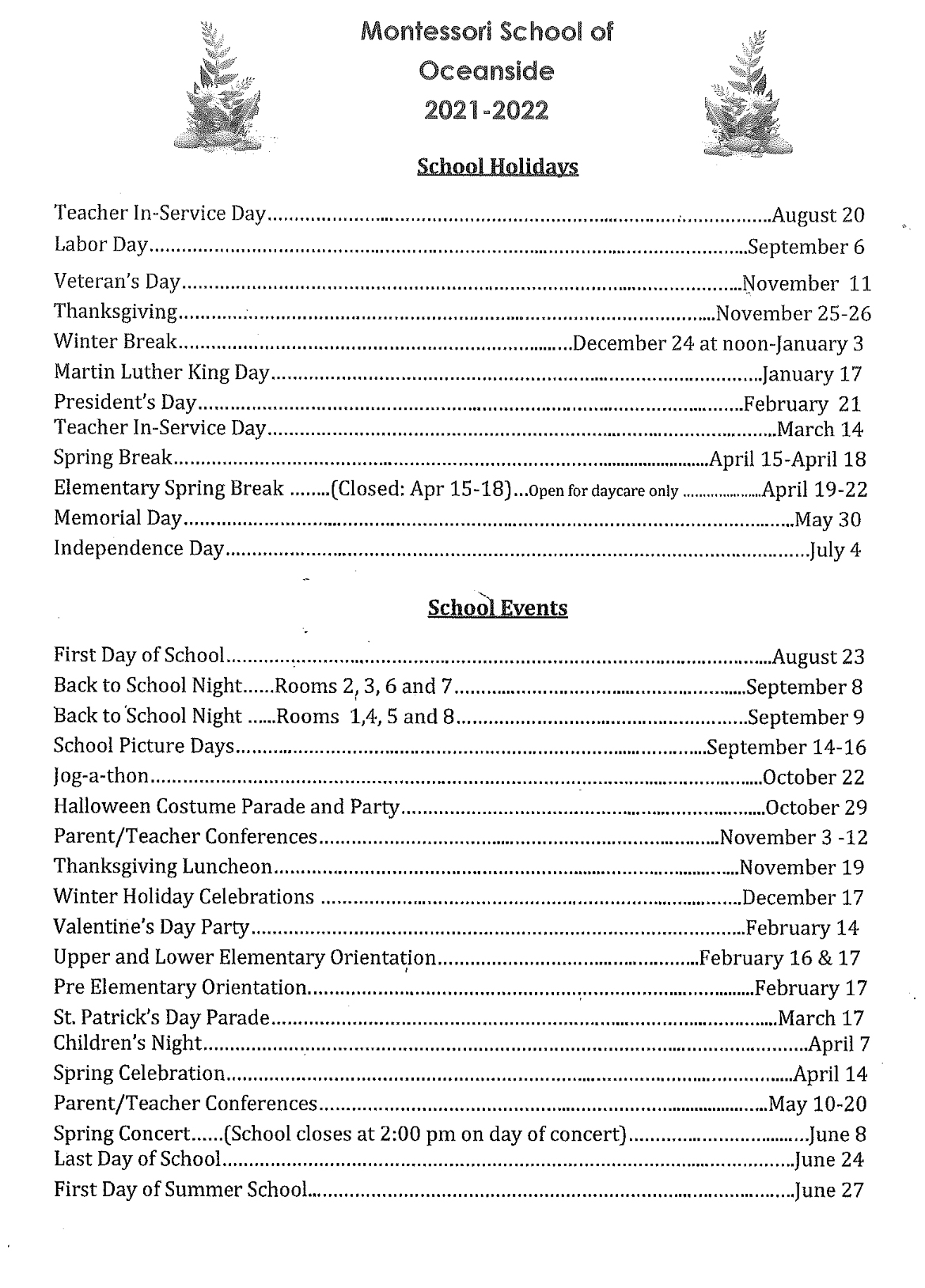 School Calendar 2020-2021
